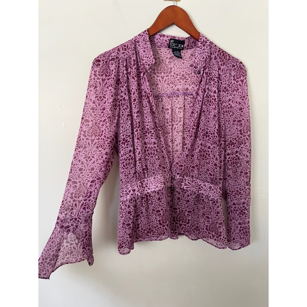 NY Collection Petite Purple Damask Print Sheer Peplum Blouse Fairycore PS